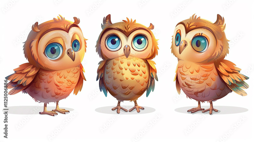 Fototapeta premium Adorable Cartoon Owls with Vibrant Feathers and Expressive Eyes
