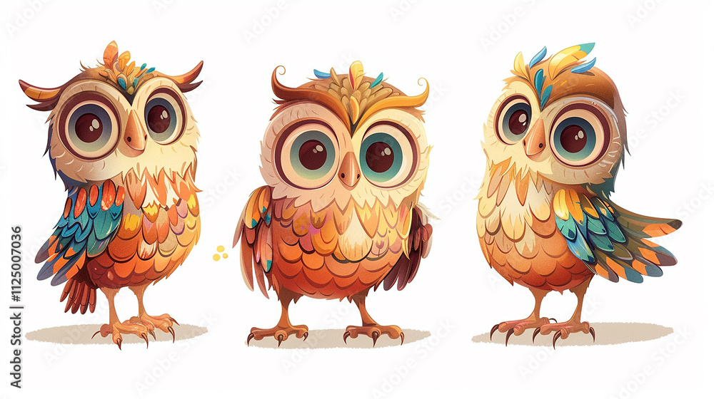 Obraz premium Adorable Cartoon Owls with Vibrant Feathers and Expressive Eyes