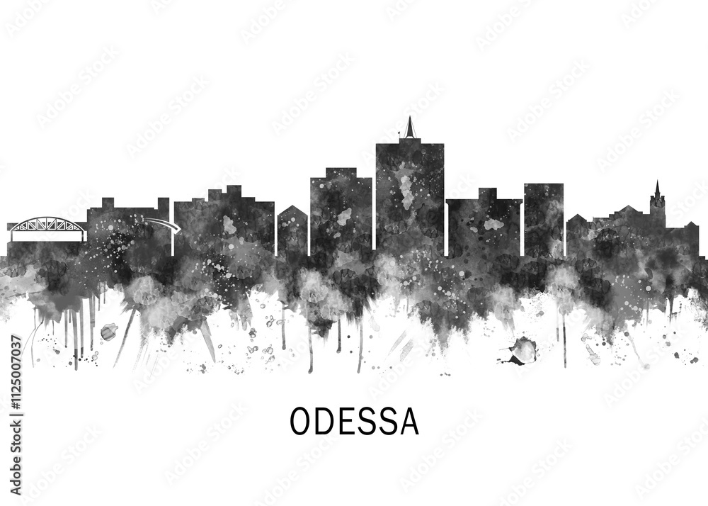 Obraz premium Odessa Texas Skyline BW, abstract painting travel illustration urban art modern downtown landmarks skyscrapers colorful artwork architecture