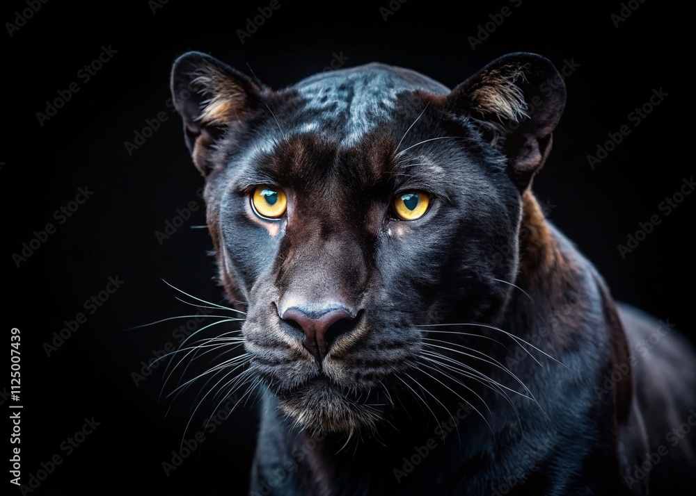 Close-Up of a Majestic Black Panther's Face Against a Dark Background, Highlighting Its Intense Gaze and Sleek Fur, Perfect for Wildlife and Nature Photography Enthusiasts Close-Up of a Majestic Black Panther's Face Against a Dark Background, Highlighting Its Intense Gaze and Sleek Fur, Perfect for Wildlife and Nature Photography Enthusiasts