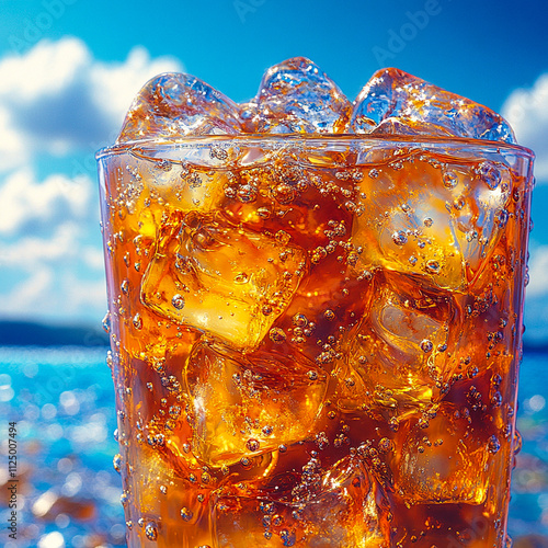 Refreshing Carbonated Beverage with ice cube in a clear glass
