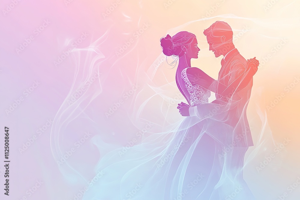 abstract concept of wedding couple dancing depicted in soft pastel gradients with dynamic motion lines abstract concept of wedding couple dancing depicted in soft pastel gradients with dynamic motion lines