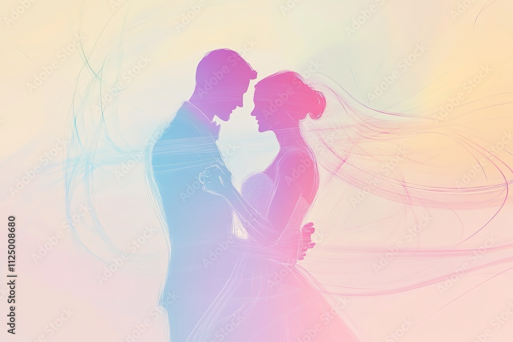 abstract concept of wedding couple dancing depicted in soft pastel gradients with dynamic motion lines abstract concept of wedding couple dancing depicted in soft pastel gradients with dynamic motion lines