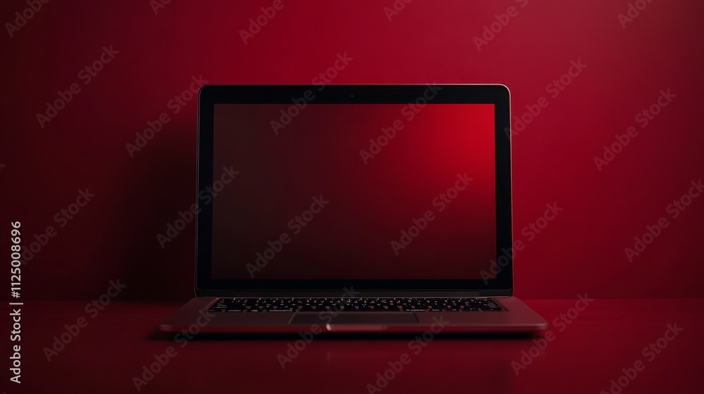 Modern laptop on a red background with a blank screen Modern laptop on a red background with a blank screen