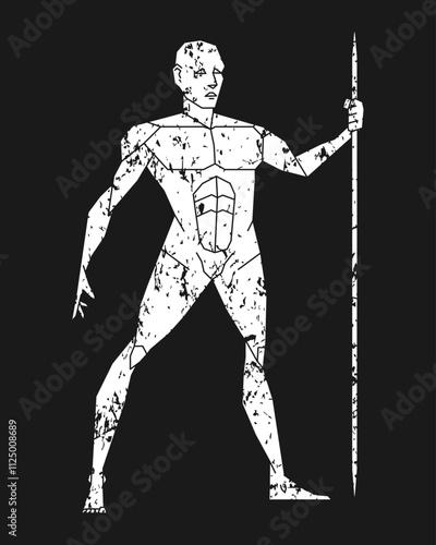 Man posing with javelin or spear. Grunge texture. Male human body gesture drawing. Figure silhouette. Vector illustration image.