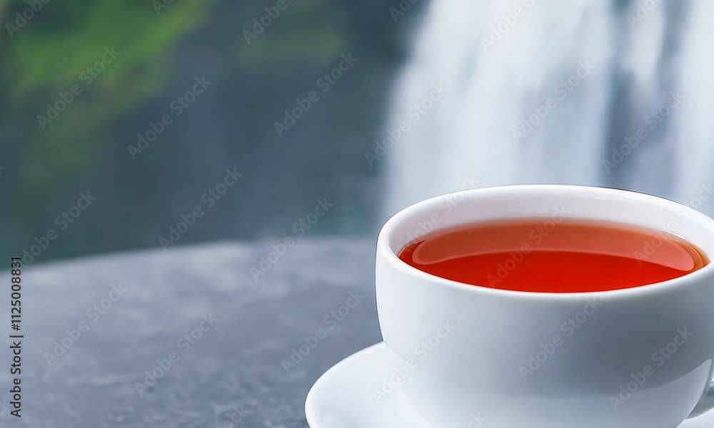 A serene scene featuring a cup of steaming tea on a table, with a picturesque waterfall and lush greenery in the background. A serene scene featuring a cup of steaming tea on a table, with a picturesque waterfall and lush greenery in the background.