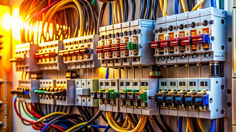 Closeup of an Open Electrical Circuit Breaker Panel in a Modern Home Setting, Showcasing Wires, Circuit Breakers, and Home Electrical Infrastructure for Design and Maintenance Insights