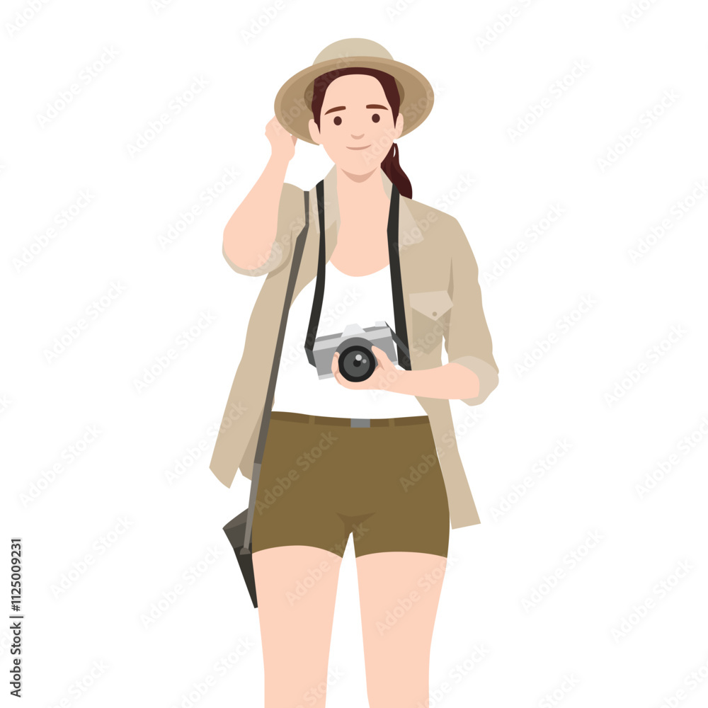 Woman explorer or safari traveler standing in a wide brimmed hat holding camera. Flat vector illustration isolated on white background Woman explorer or safari traveler standing in a wide brimmed hat holding camera. Flat vector illustration isolated on white background