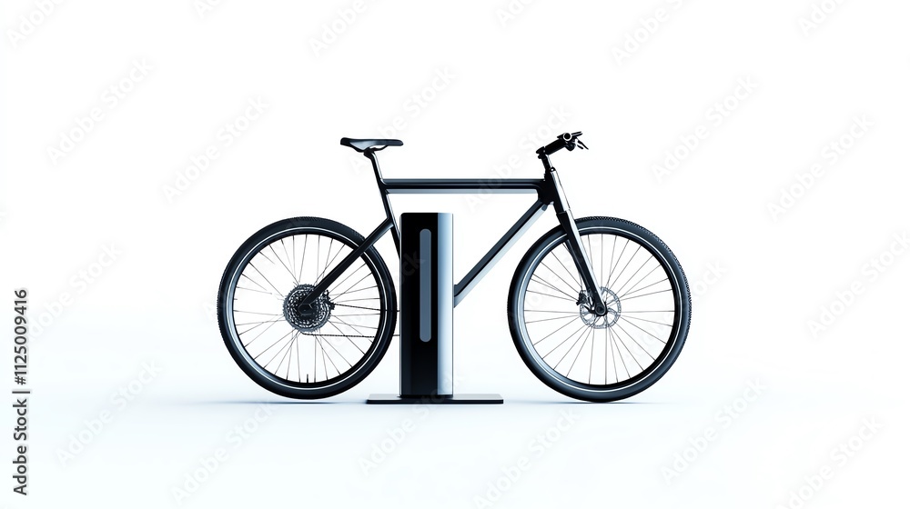 Fototapeta premium a clean energy bicycle stand, smart urban furniture, sleek and innovative, isolated on white background