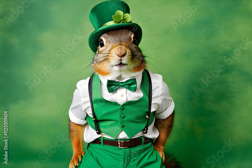 St. Patrick's Day Festival. A squirrel in a leprechaun hat with a bow tie around his neck