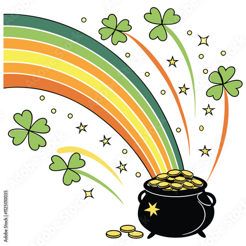 Pot of Gold Burst Vector Design with Rainbow, Clovers, and Sparkles for St. Patrick's Day