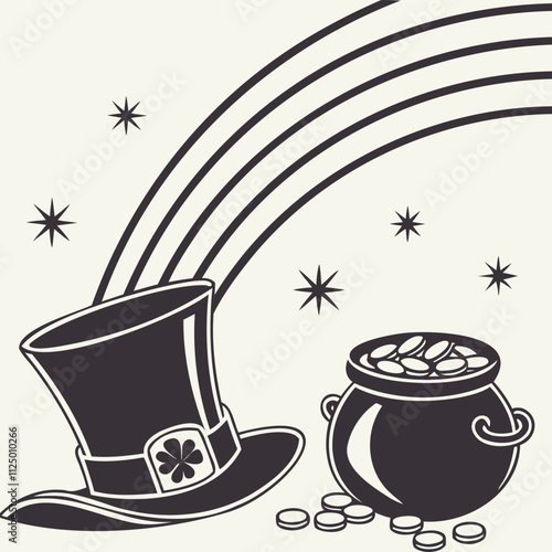 Leprechaun Hat and Pot of Gold Vector with Rainbow and Coins