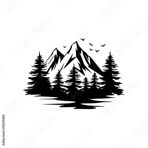 Vector blue mountain landscape with clean sky, birds flying and calm river and tree silhouettes
