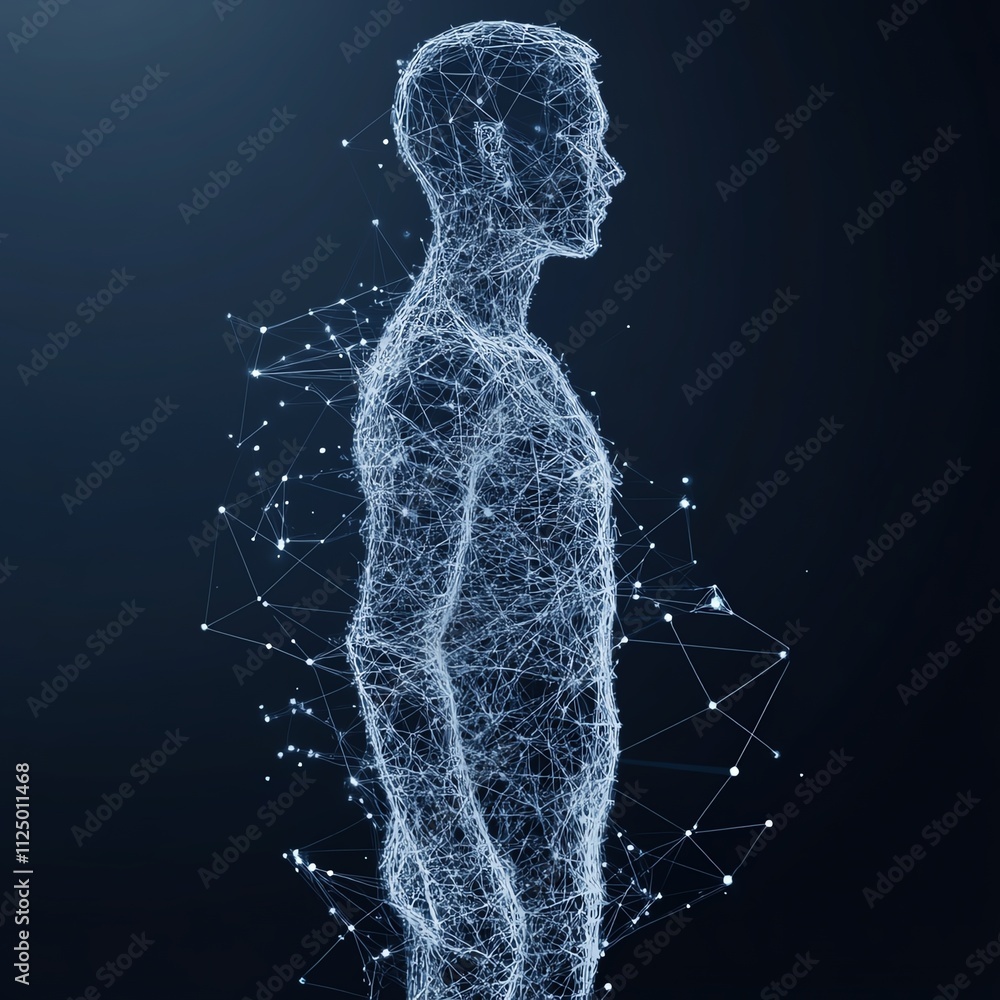 Abstract human figure blending into a network of digital connections, modern technology, and conceptual interaction Abstract human figure blending into a network of digital connections, modern technology, and conceptual interaction