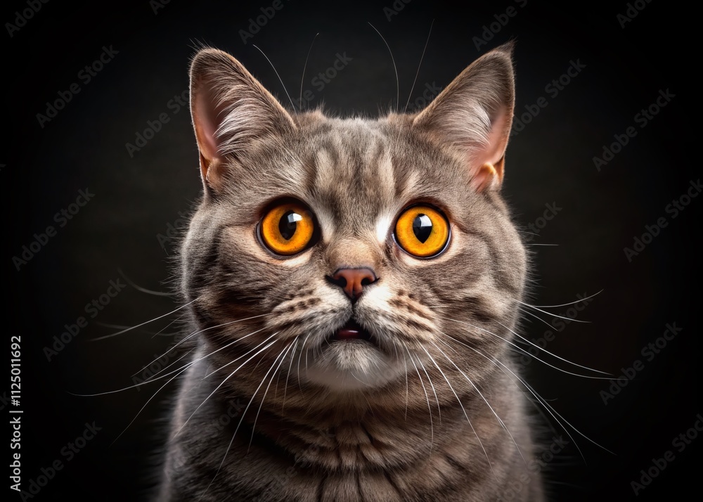Closeup of a Surprised British Cat with Huge Yellow Eyes Captured in Night Photography, Isolated for a Fun and Quirky Stock Image Perfect for Animal Lovers and Cat Enthusiasts Closeup of a Surprised British Cat with Huge Yellow Eyes Captured in Night Photography, Isolated for a Fun and Quirky Stock Image Perfect for Animal Lovers and Cat Enthusiasts