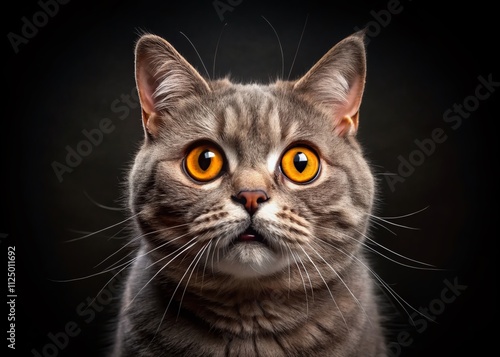 Closeup of a Surprised British Cat with Huge Yellow Eyes Captured in Night Photography, Isolated for a Fun and Quirky Stock Image Perfect for Animal Lovers and Cat Enthusiasts