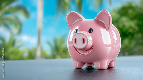 A cheerful pink piggy bank against a tropical background, symbolizing savings and financial prosperity. photo