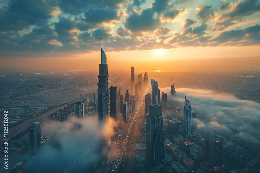 Naklejka premium Beautiful aerial view of buildings against the sunset.