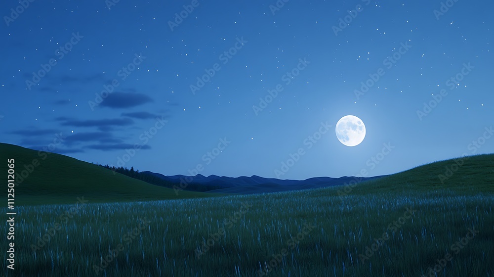 Fototapeta premium Serene Night Scene with Tall Grasses Under a Full Moon and Starry Sky