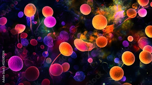 Glowing blood cells under the microscope, their surfaces shaped like tiny prisms, refracting light into intricate, vibrant patterns.