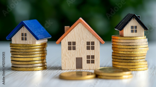 Wallpaper Mural Miniature houses on stacks of coins symbolize real estate investment and financial growth. Torontodigital.ca