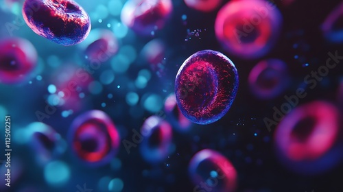 Blood cells glowing in vibrant colors, their surfaces rippling like liquid, constantly changing shape under the biological microscope.