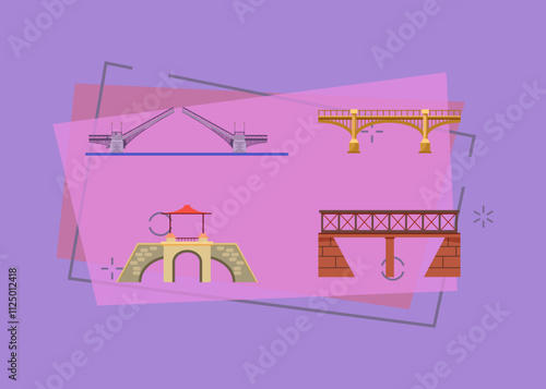 Different bridges illustration set. Drawbridge, highway, old stone, railway bridges. Construction concept. Vectors can be used for topics like architecture, transportation, city