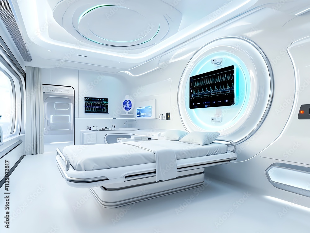 Futuristic hospital room, sterile yet welcoming design with smart technology, 3D illustration Futuristic hospital room, sterile yet welcoming design with smart technology, 3D illustration