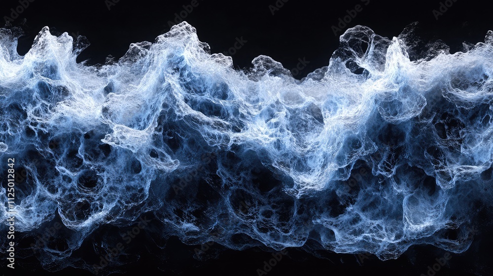 Obraz premium Crystalline ice patterns on a black background, showcasing intricate frost details and a luminous, cold blue glow