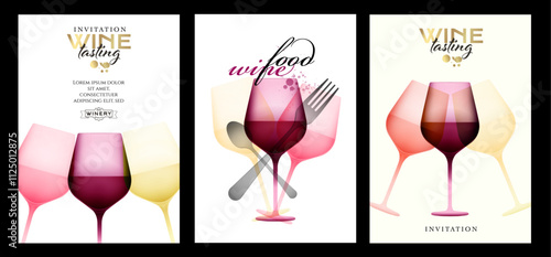 Illustration of wine glasses with color gradients of red, rose and white wine with cutlery elements for food. Elegant illustration for wine designs. Vector