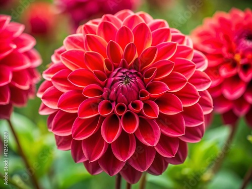 Close-Up of a Vibrant Red Dahlia Flower, Showcasing Intricate Petals and Rich Color Depth for Nature and Floral Enthusiasts
