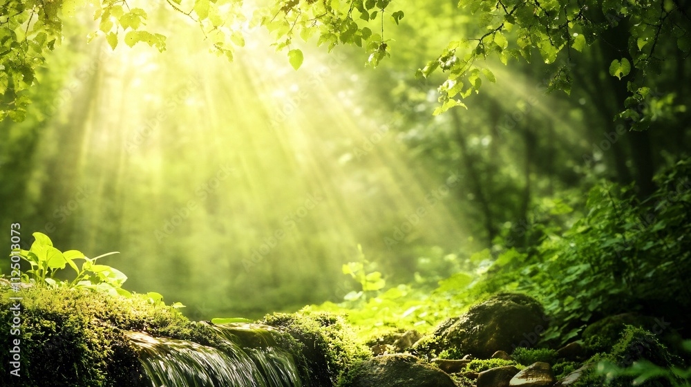 Fototapeta premium Sunbeams filtering through lush green forest canopy illuminating small waterfall