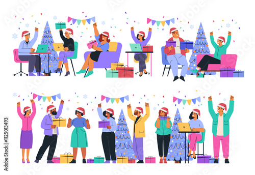 Office Christmas party celebration people exchanging gifts festive decor Christmas tree confetti cheerful atmosphere holiday event digital design