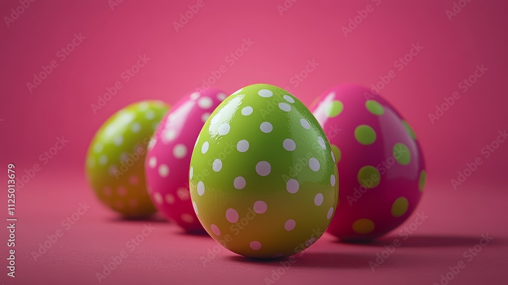 Festive fuchsia backdrop with lime, pink polka dot Easter eggs, perfect for holiday celebrations. Festive fuchsia backdrop with lime, pink polka dot Easter eggs, perfect for holiday celebrations.