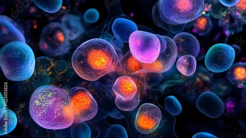 Blood cells glow like bioluminescent creatures, their intricate surfaces morphing into organic shapes under the microscope s vibrant light. photo