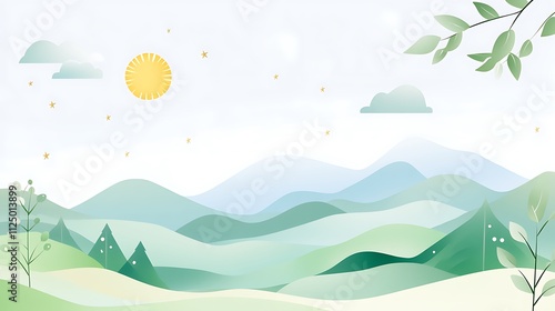 Peaceful Landscape with Rolling Hills and a Bright Sun Creating a Calm Atmosphere