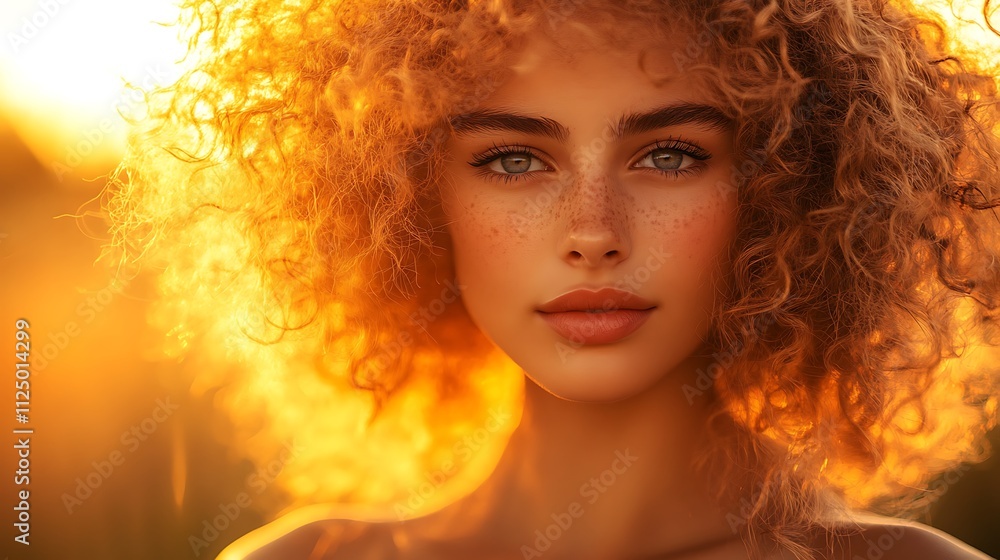 Close-up portrait of a young woman with curly red hair and freckles, bathed in golden sunset light. Close-up portrait of a young woman with curly red hair and freckles, bathed in golden sunset light.