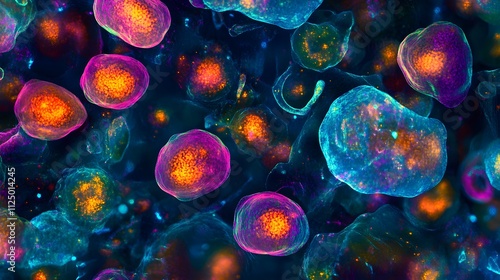 Blood cells resembling tiny orbs of plasma, glowing and swirling like miniature galaxies, illuminated with vibrant details under the microscope. photo