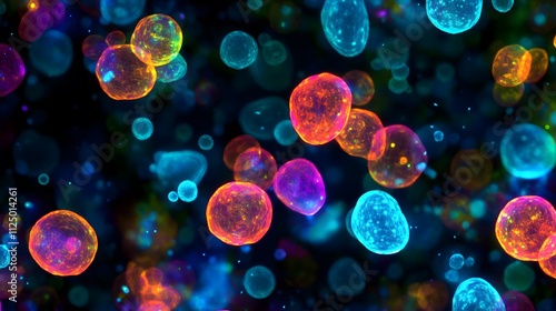 Blood cells resembling tiny orbs of plasma, glowing and swirling like miniature galaxies, illuminated with vibrant details under the microscope.