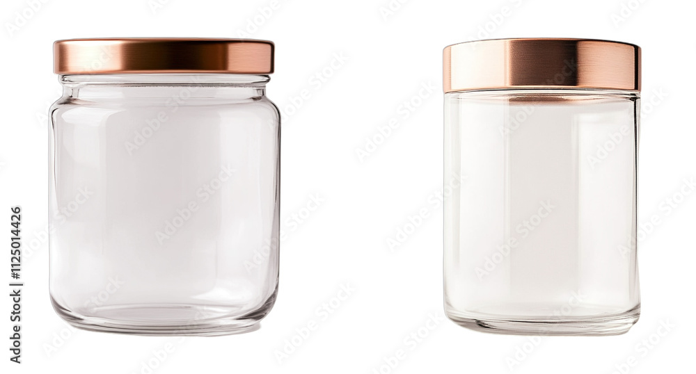 Empty glass jars with different shapes with gold lids isolated on transparent background Empty glass jars with different shapes with gold lids isolated on transparent background