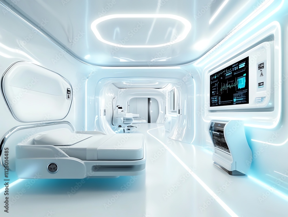 Futuristic hospital room, sterile yet welcoming design with smart technology, 3D illustration Futuristic hospital room, sterile yet welcoming design with smart technology, 3D illustration