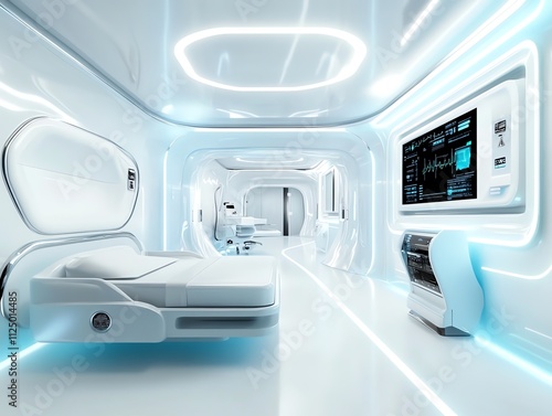 Futuristic hospital room, sterile yet welcoming design with smart technology, 3D illustration