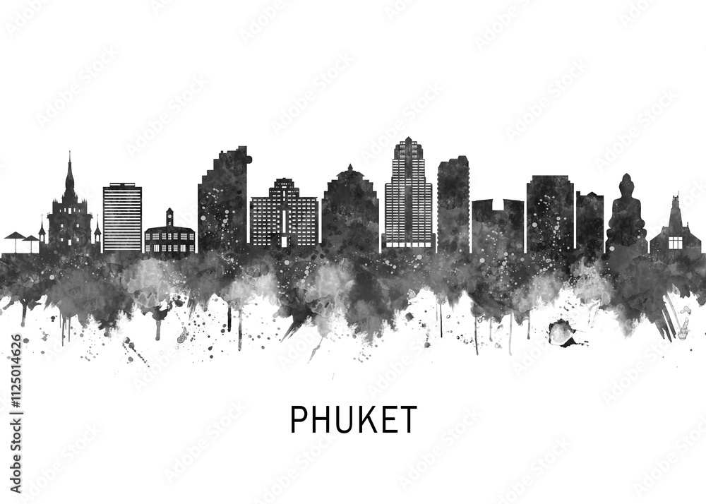 Obraz premium Phuket Thailand Skyline BW, abstract painting travel illustration urban art modern downtown landmarks skyscrapers colorful artwork architecture