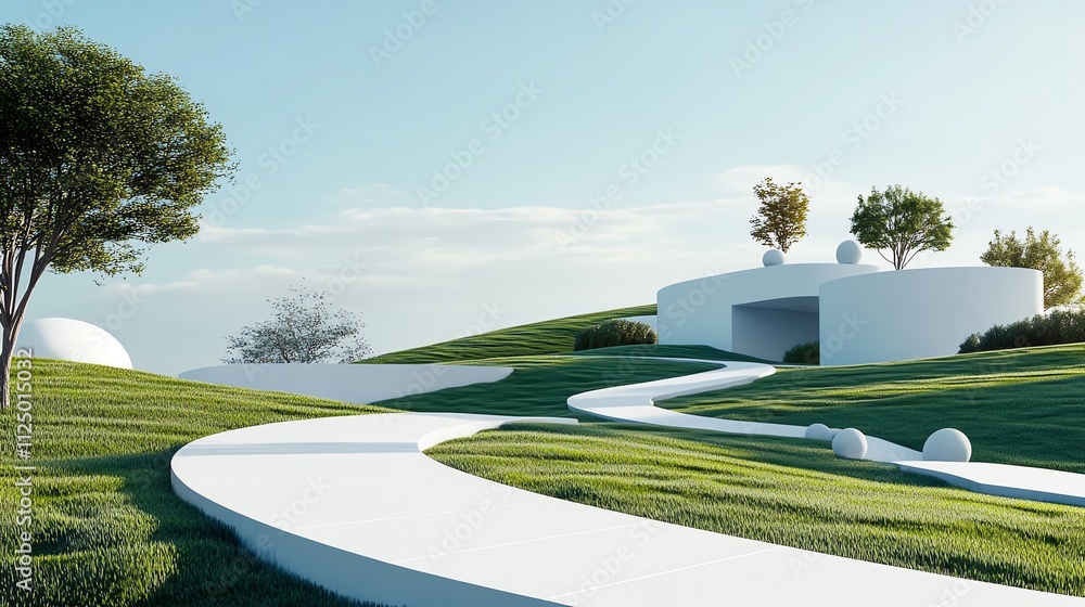 Minimalist urban park, clean geometric paths and modern sculptures, 3D illustration Minimalist urban park, clean geometric paths and modern sculptures, 3D illustration