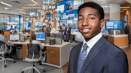 dynamic double exposure image of a young man in business attire, with a background filled with job opportunities, interview settings, and office spaces, reflecting the steps and stages of job  photo