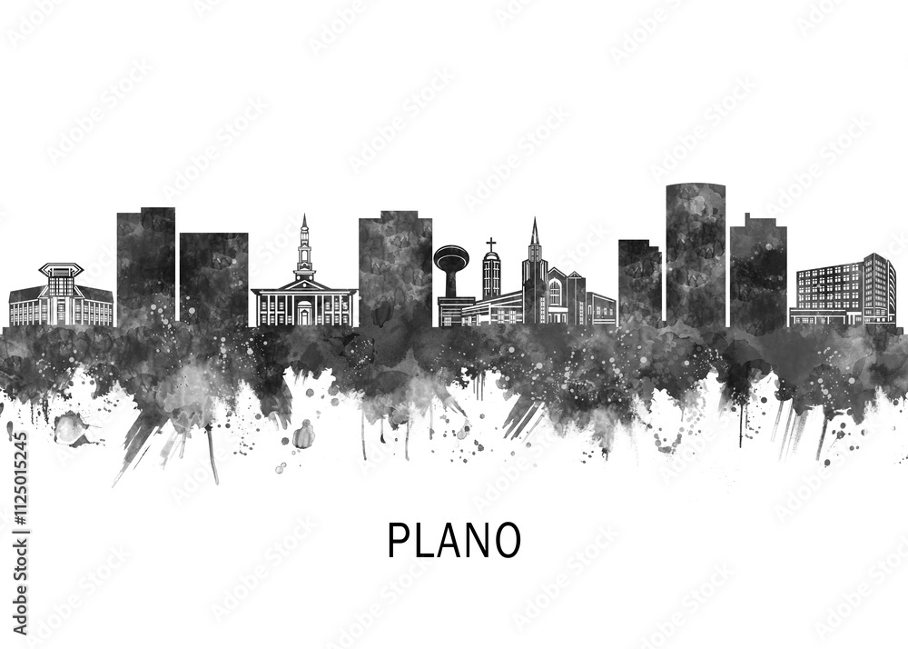 Plano Texas Skyline BW, abstract painting travel illustration urban art modern downtown landmarks skyscrapers colorful artwork architecture