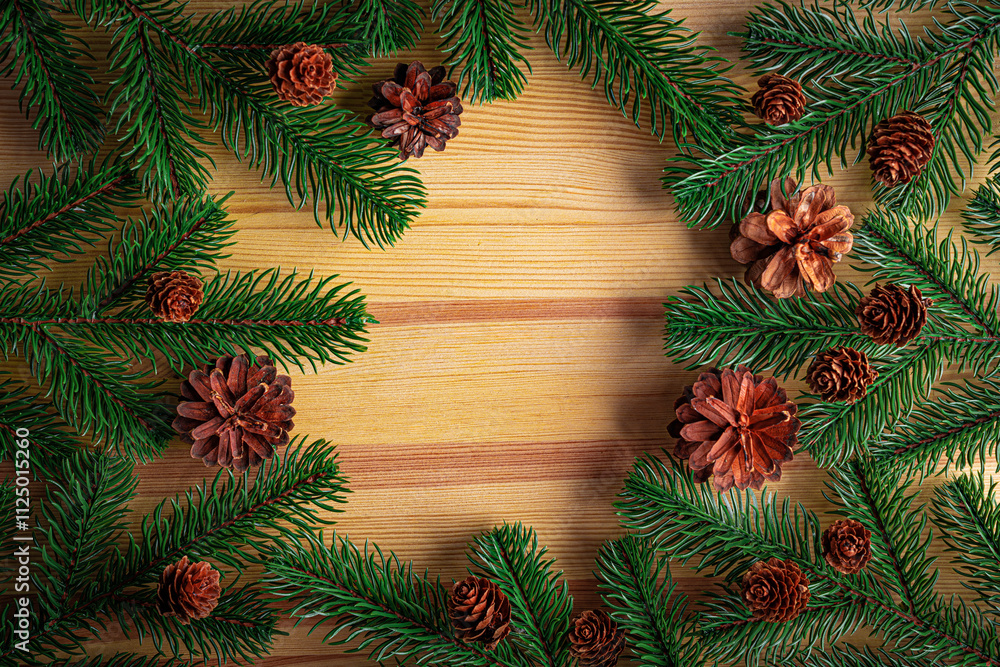 Christmas background. Fir branches on a wooden background. New Year and Christmas decorations as a festive background.