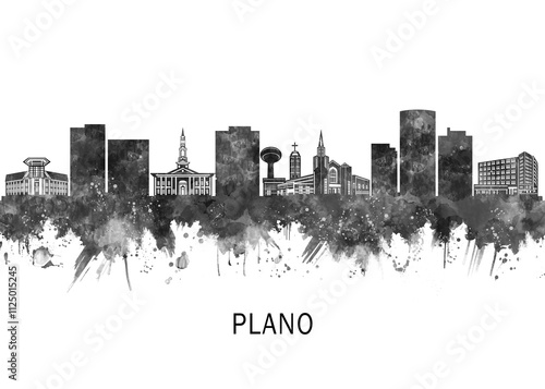 Obraz na płótnie Plano Texas Skyline BW, abstract painting travel illustration urban art modern downtown landmarks skyscrapers colorful artwork architecture w salonie