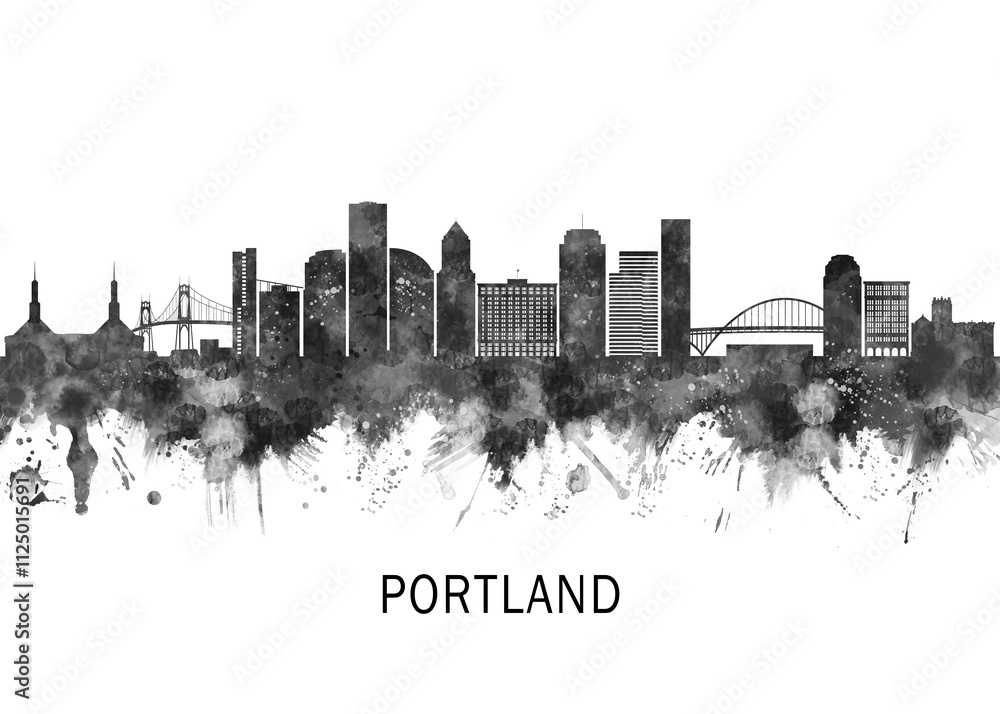 Portland Oregon Skyline BW, abstract painting travel illustration urban art modern downtown landmarks skyscrapers colorful artwork architecture