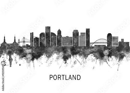 Portland Oregon Skyline BW, abstract painting travel illustration urban art modern downtown landmarks skyscrapers colorful artwork architecture